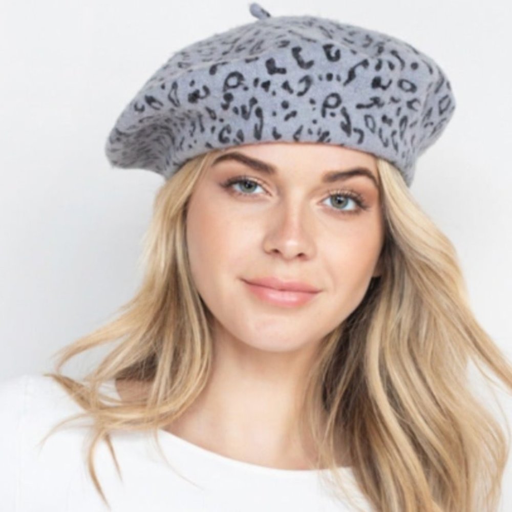 Gray Leopard Beret Hat NWT